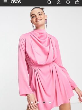 ASOS DESIGN pink satin drape neck mini dress with pleat detail and open back